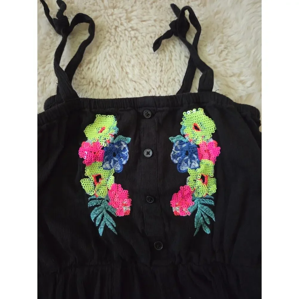 Justice Girls Black Embroidered Floral Boho Romper size 12